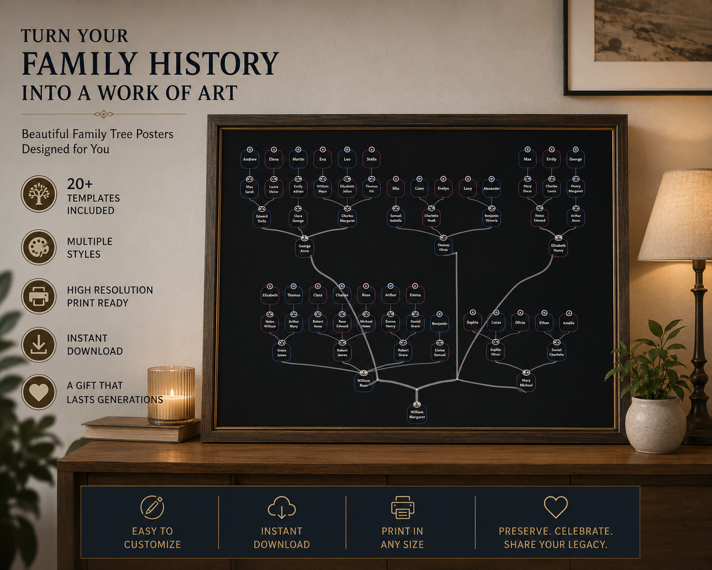 Framed black family tree poster